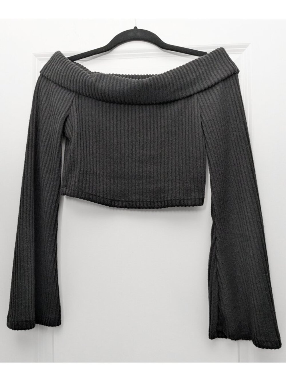 Ribbed Off the Shoulder Cropped Sweater with Bell Sleeves - Gothic Boho, Y2K